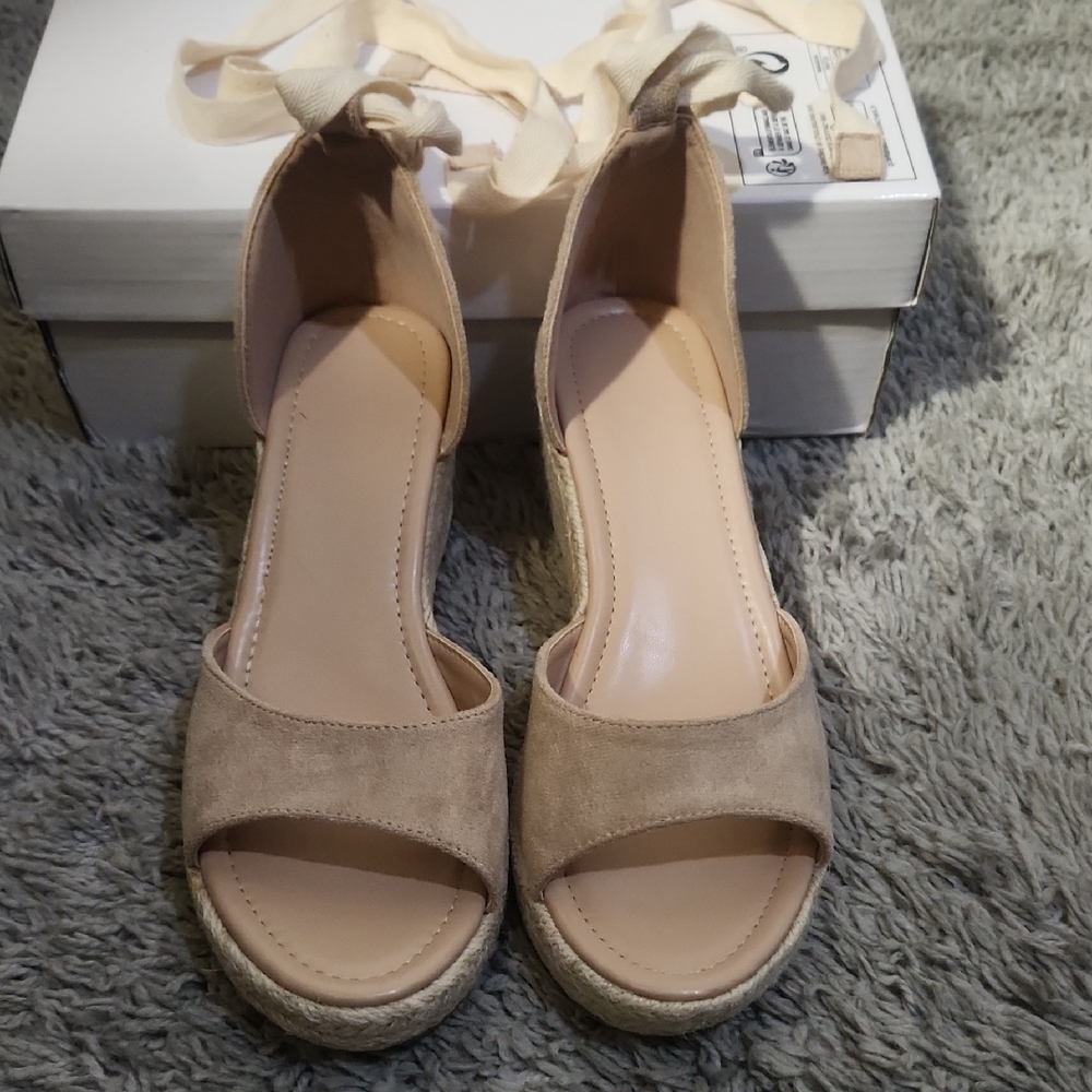 Amazon Beige Espadrille Wedge Sandals with Ankle Tie